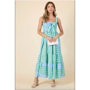 Pink Lily Blue Green‎ Gingham Check Smocked Tiered Maxi Dress Sundress